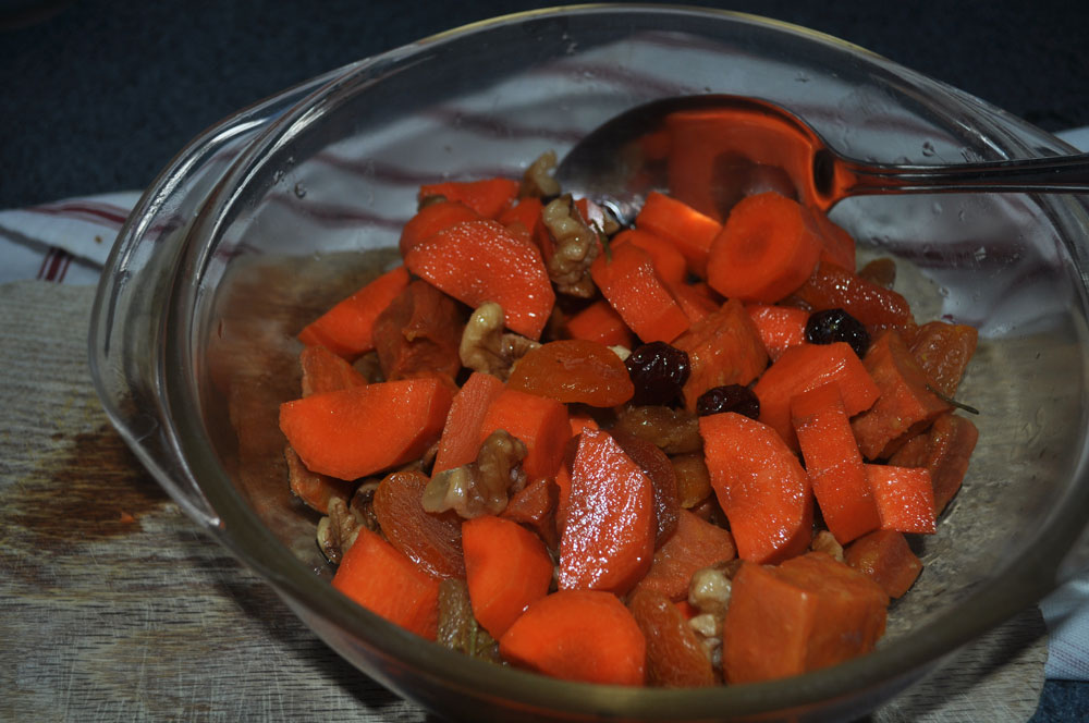 All elements are mixed together in a bowl, which is then baked.